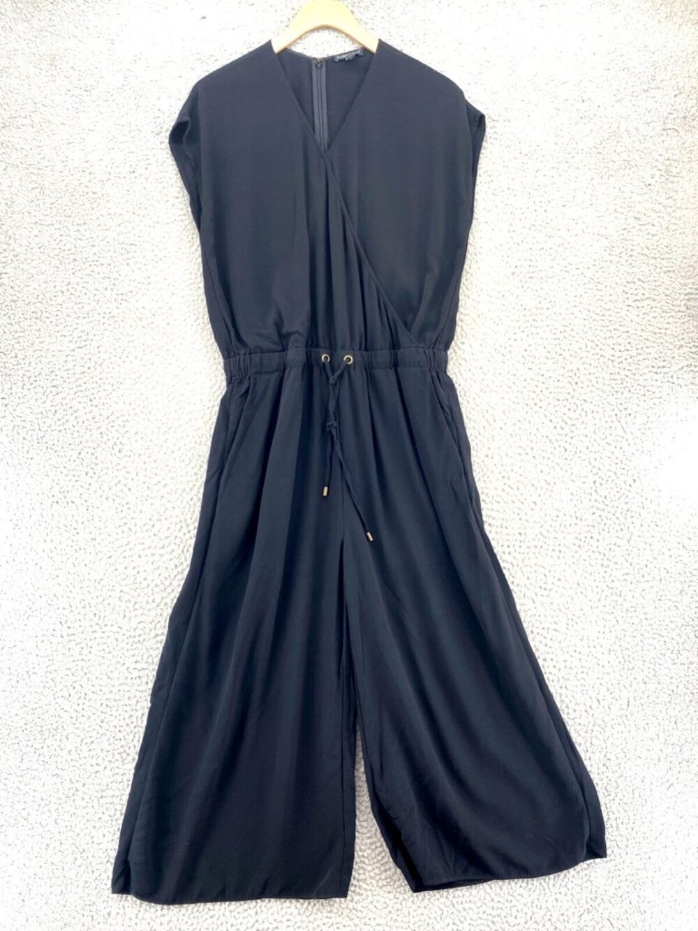 Eileen Fisher Jumpsuit Womens Small Black Wide Leg Crop Surplice Neck Cinched